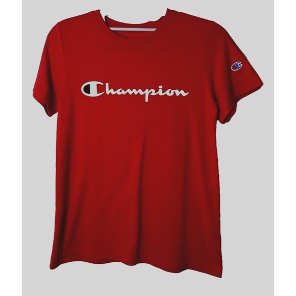 Champion T-Shirt Boys Size M Red Graphic Script Logo Cotton Blend Short Sleeve - Picture 1 of 8